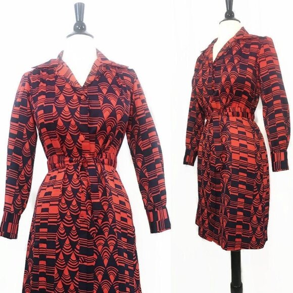 Vintage Lanvin Dress 1970s Op Art Print Red Blue Shirtwaist Psychedelic - Picture 2 of 8